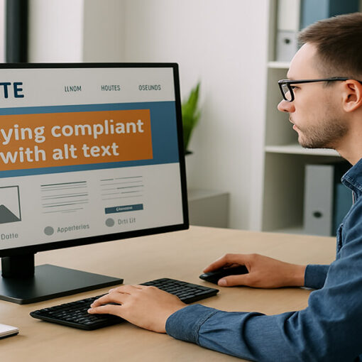 Ein Mann, der an einem Computer arbeitet und versucht, Alt-Text-konform zu sein