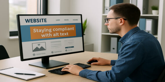 一个在计算机上工作的人试图符合替代文本标准